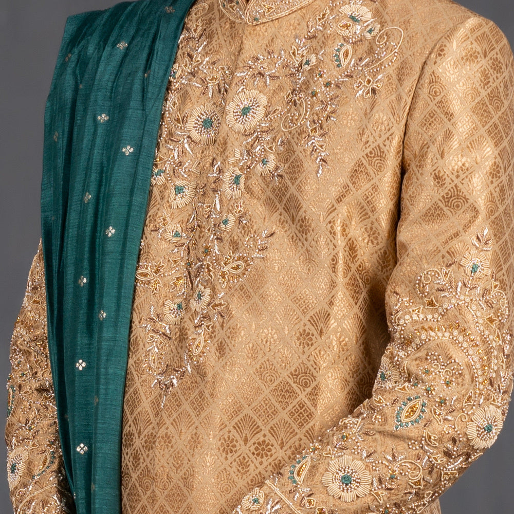 
                  
                    golden wedding sherwani with shawl
                  
                