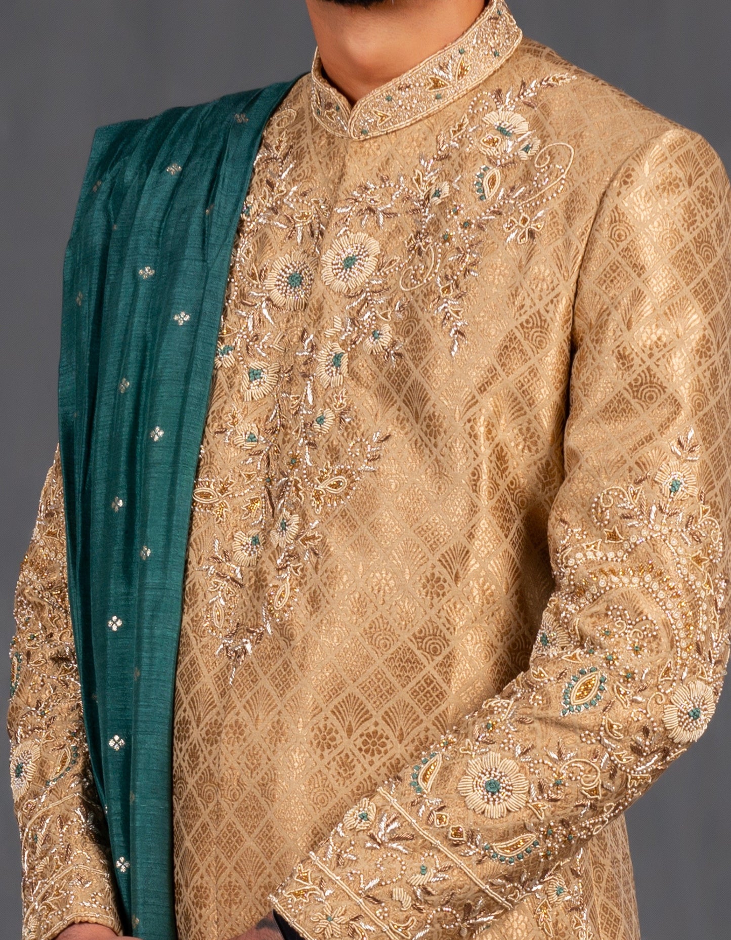 golden wedding sherwani with shawl