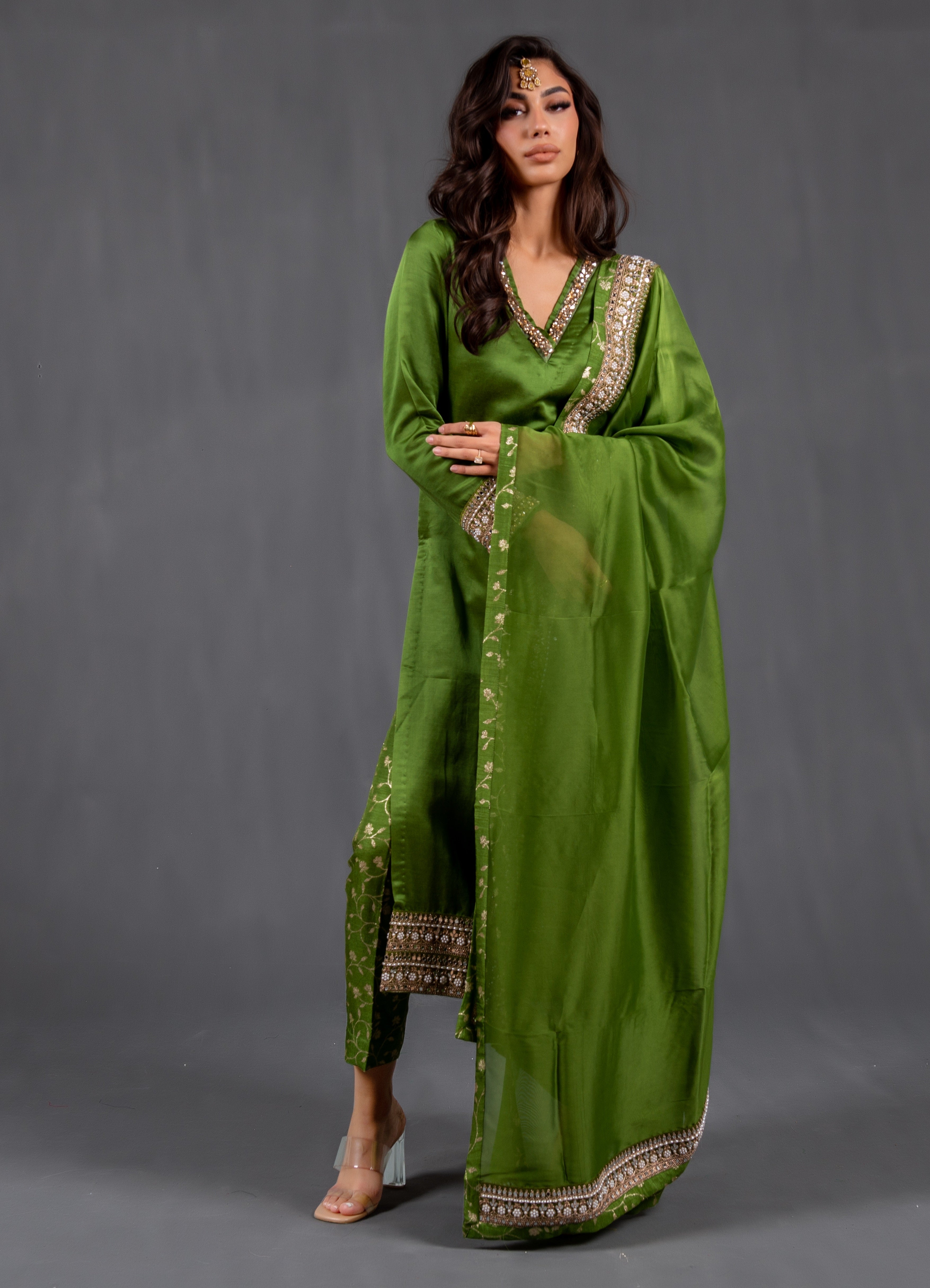 green silk pant with kurta