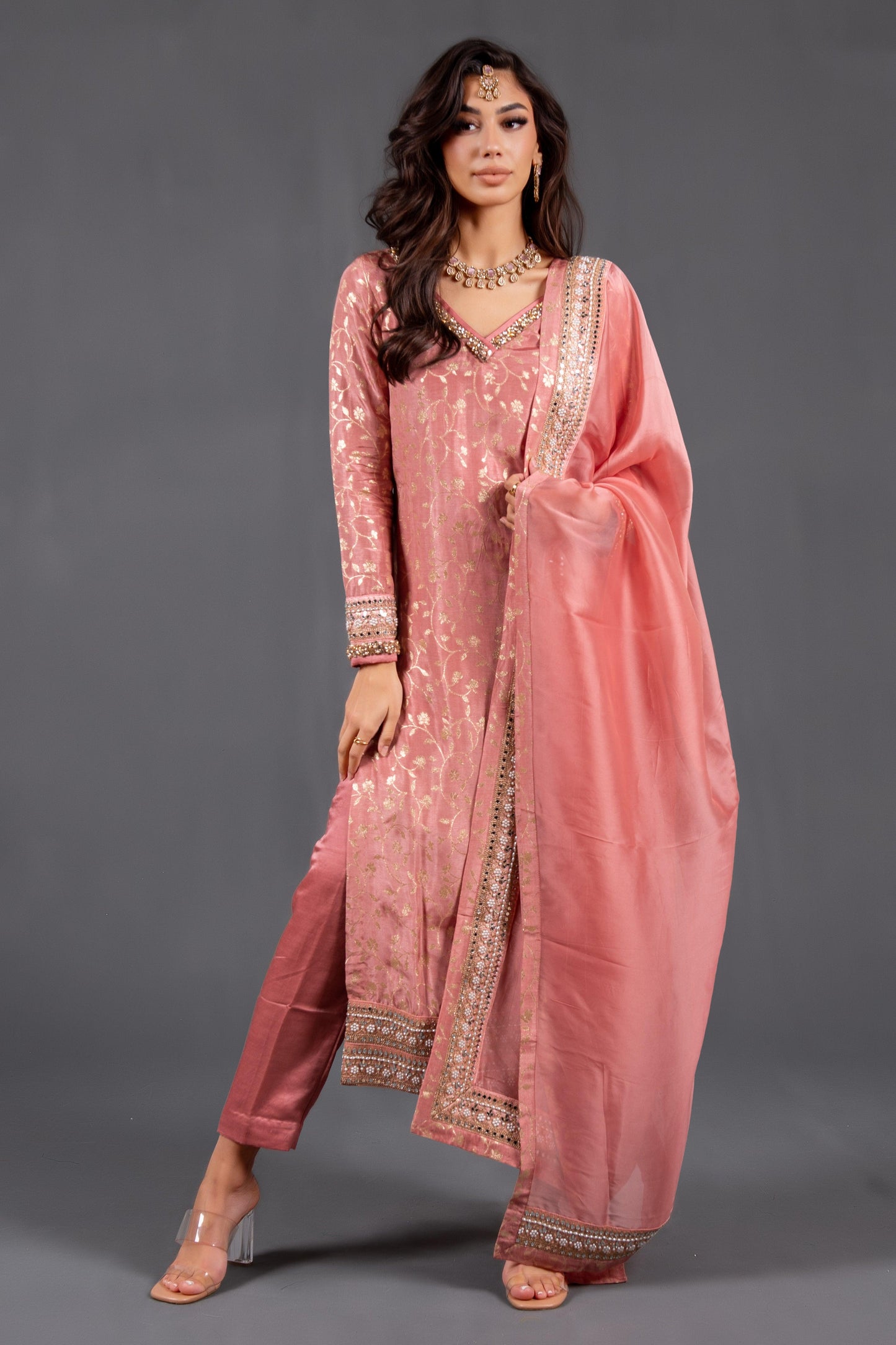 pink kurta with pant and dupatta