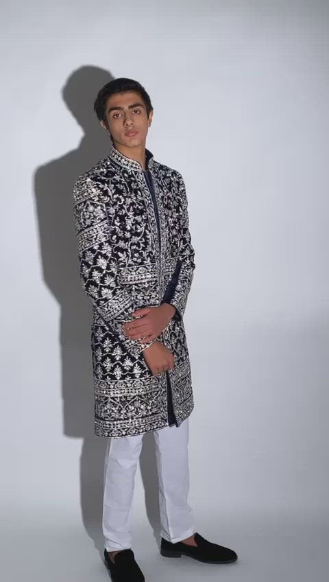 Deep blue velvet sherwani