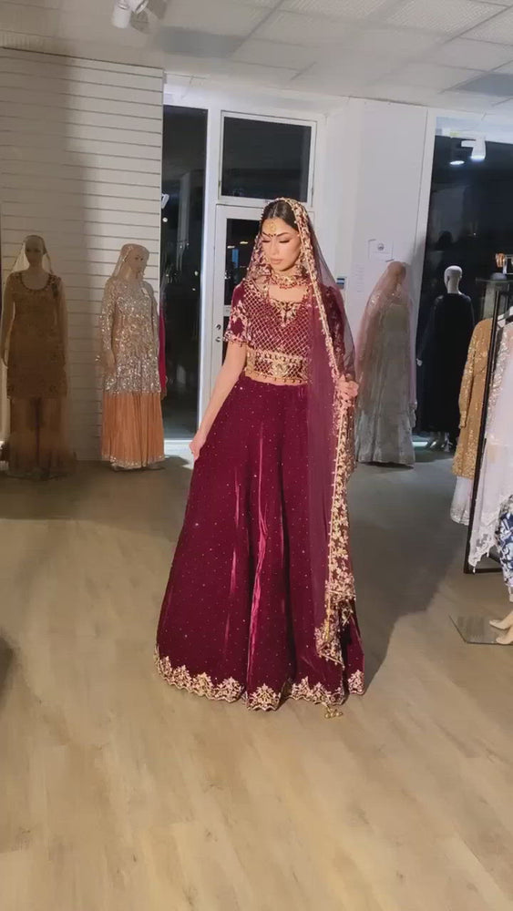 
                  
                    Load and play video in Gallery viewer, bridal burgundy lehenga choli
                  
                