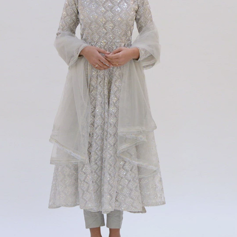 
                  
                    Load and play video in Gallery viewer, Grey anarkali suit
                  
                