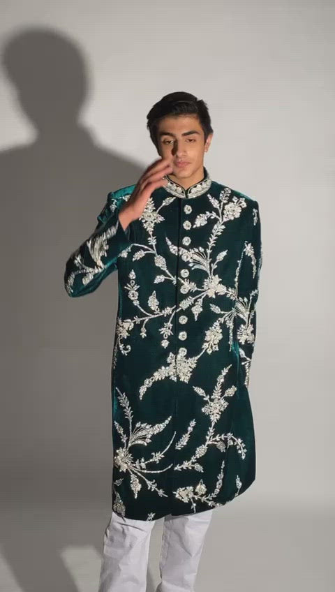 
                  
                    Load and play video in Gallery viewer, green velvet sherwani
                  
                