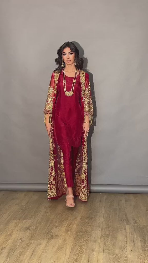 
                  
                    Load and play video in Gallery viewer, red kurta and pant with long jacket
                  
                