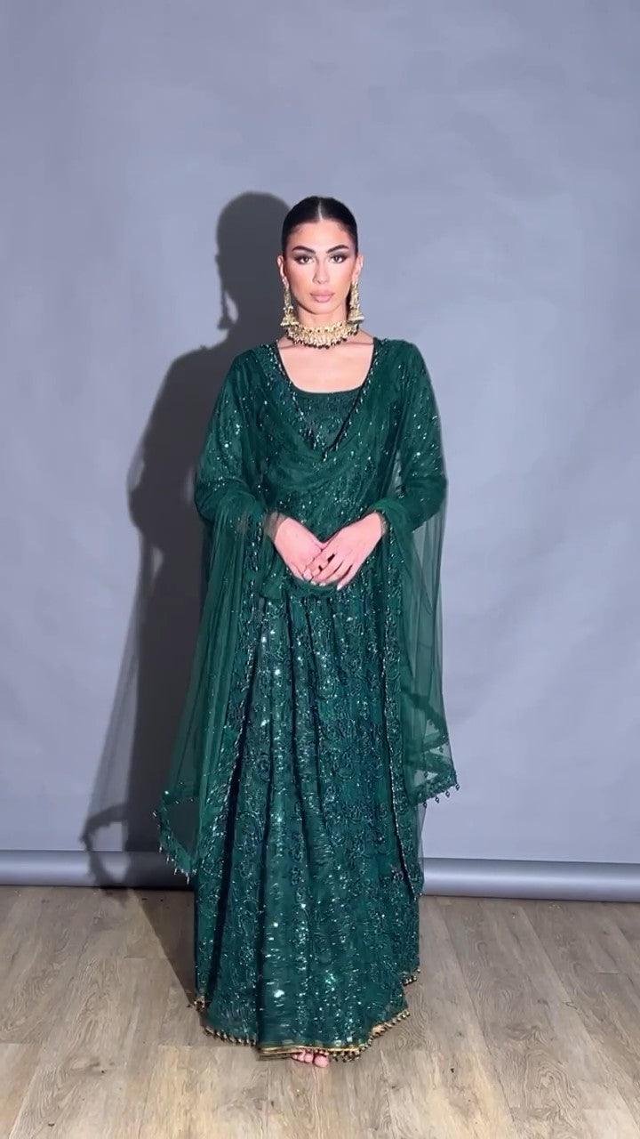 green net embroided gown