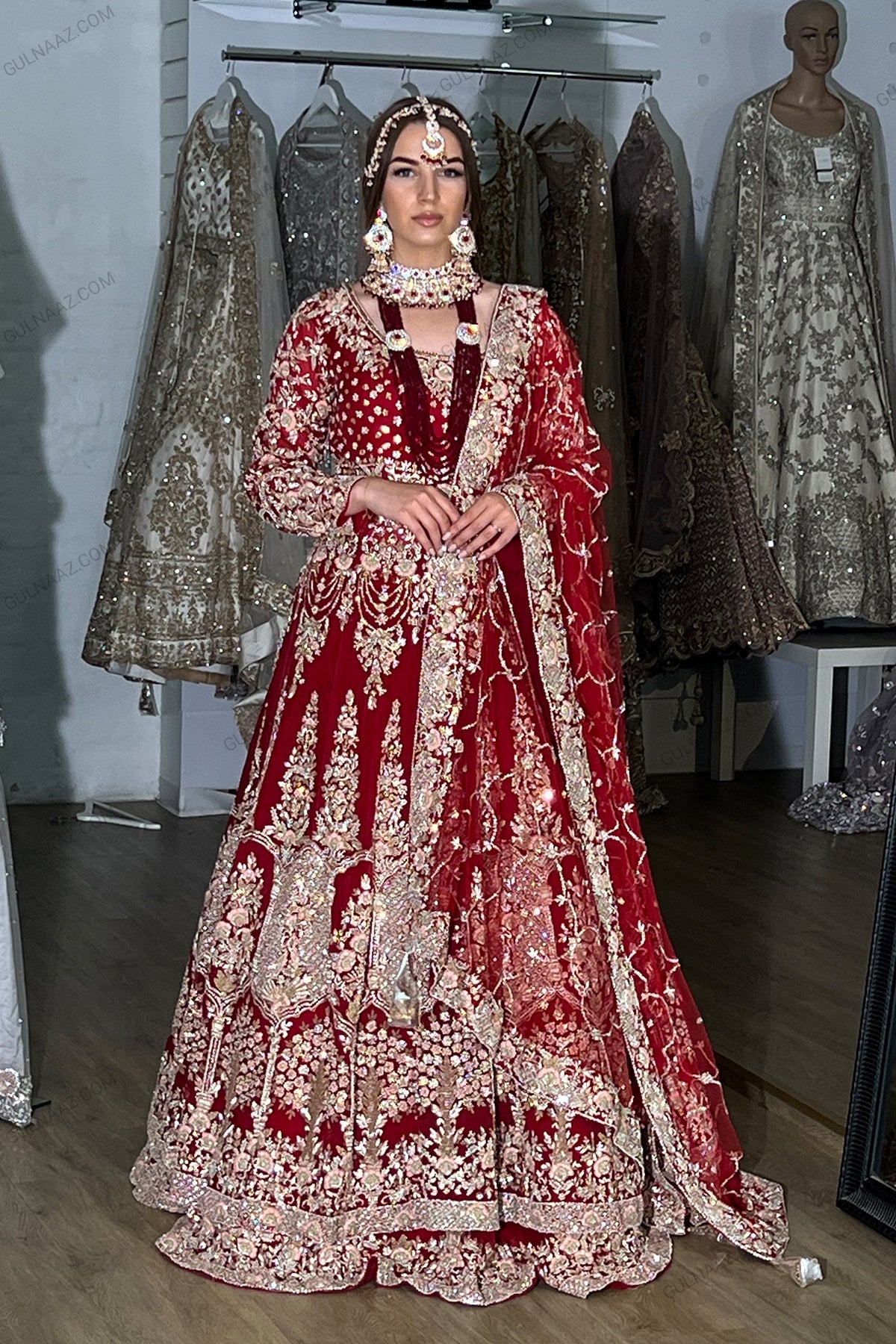 
                  
                    Zinal - Red Bridal heavy Embellished Lehenga Gown
                  
                